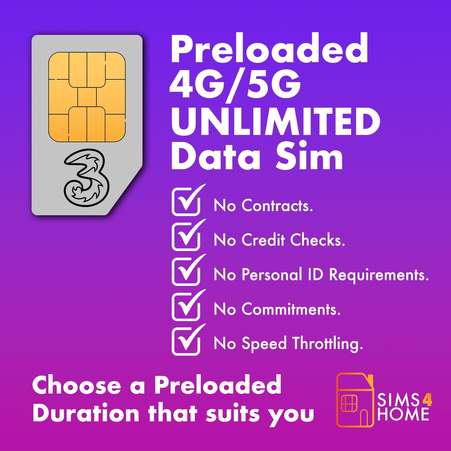 Three UK Voice & Data Sim Card Preloaded with UNLIMITED 4G/5G Data